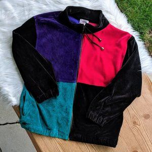 Velvet zip up jacket color block soft sz 8 pockets oversized